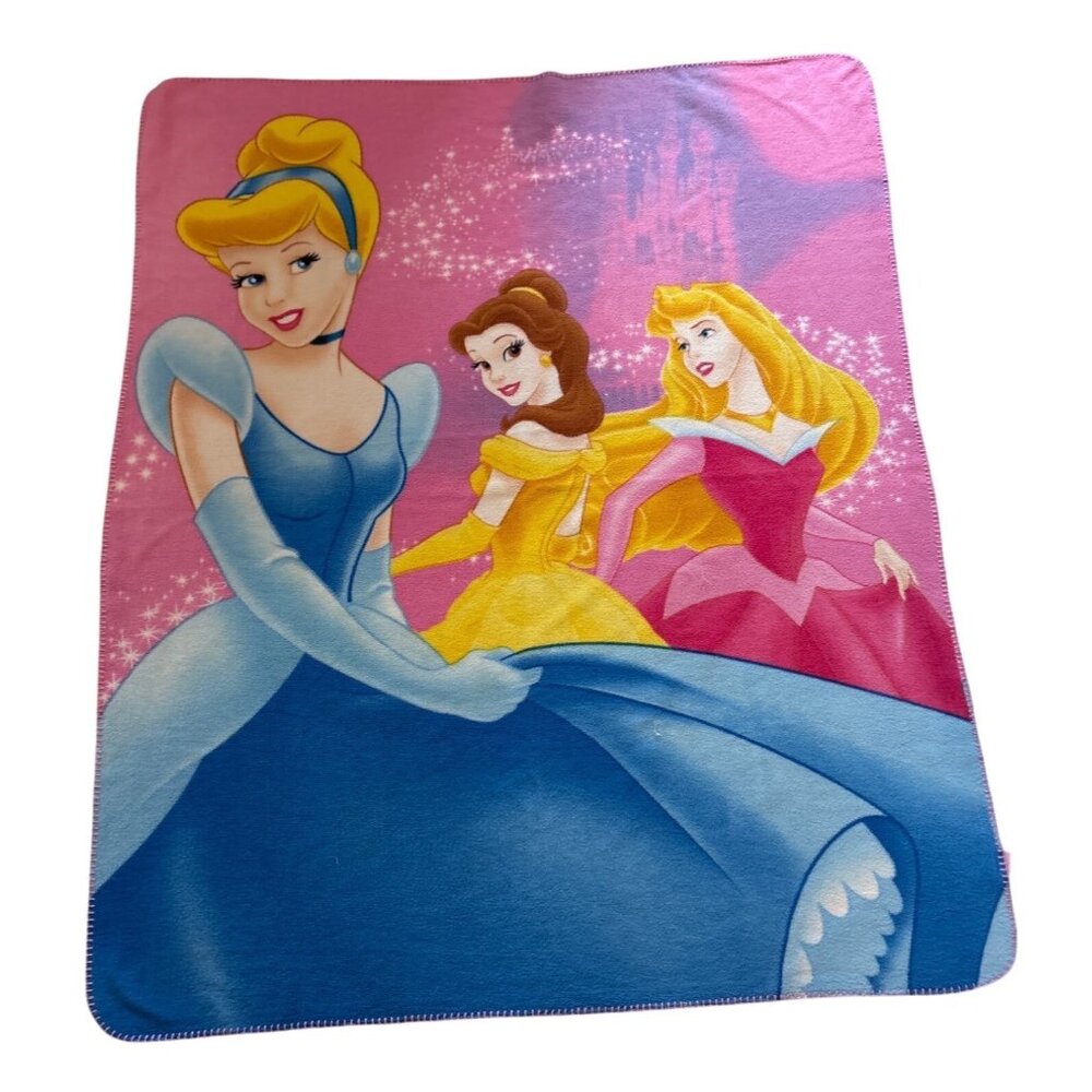 Disney Princess Fleece Blanket Cinderella Belle & Aurora 48" X 61" Pink & Blue